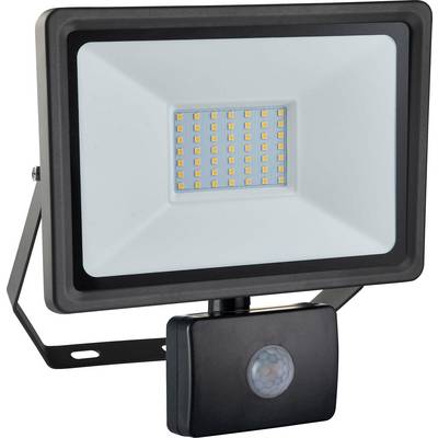 Pravokutni LED reflektor s detektorom pokreta, montiran na crnoj nosač, pogodan za vanjsku rasvjetu.