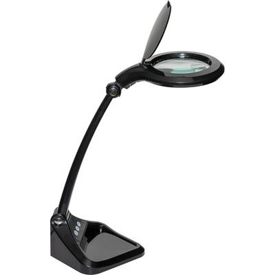 Crna lupa lampa sa savijenom rukom i okruglom lećom, pogodna za čitanje ili precizne radove uz dobro osvjetljenje.