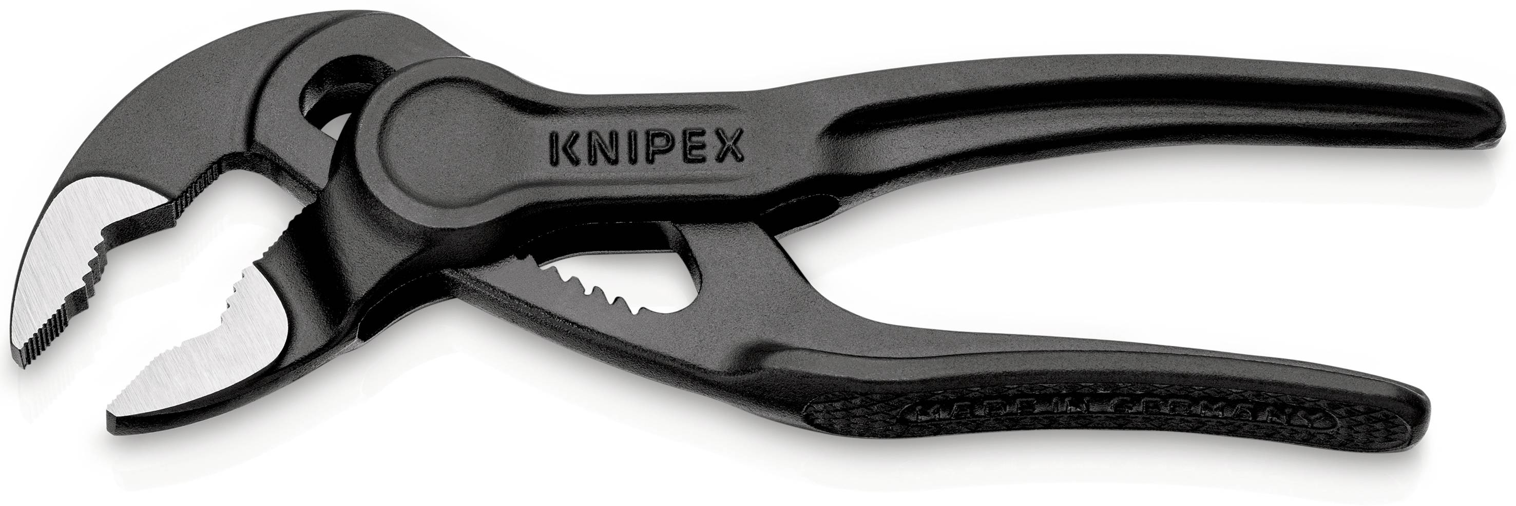Crna Knipex klješta za vodu s zakrivljenim čeljustima i nazubljenim profilom rukohvata, podesna za hvatanje cijevi i matrica.