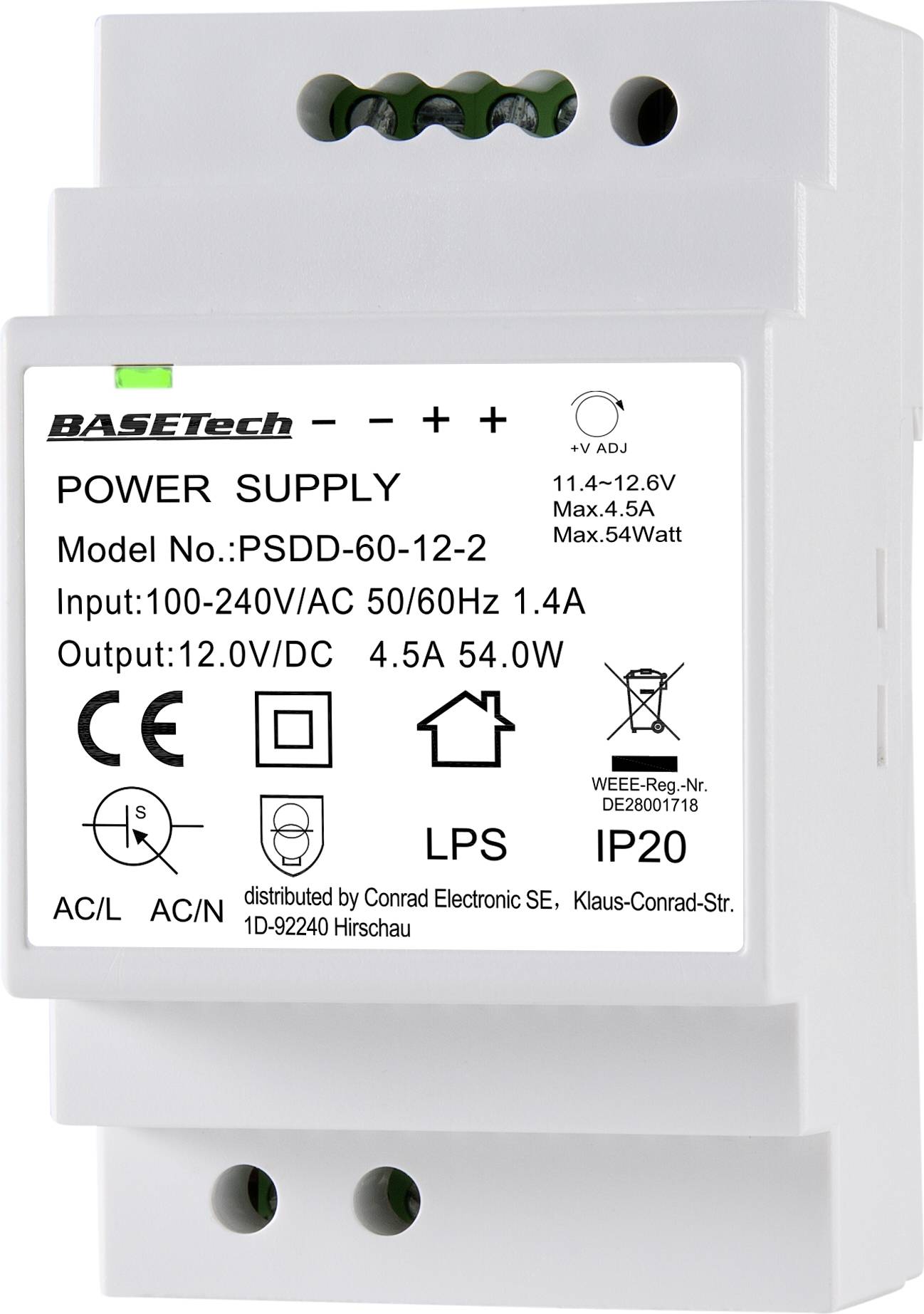 'BASETech model napajanja PSDD-60-12-2, ulaz 100-240V AC 50/60Hz, izlaz 12,0V/DC 4,5A. Stupanj zaštite IP20.'