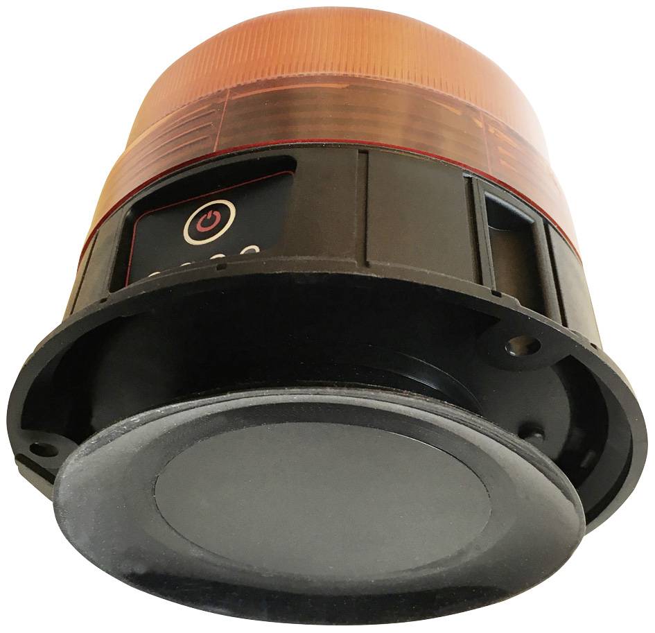 Narančasta signalna svjetiljka s crnim kućištem i mrežnim prekidačem, promatrana odozdo. Signalizira upozorenje ili opasnost.