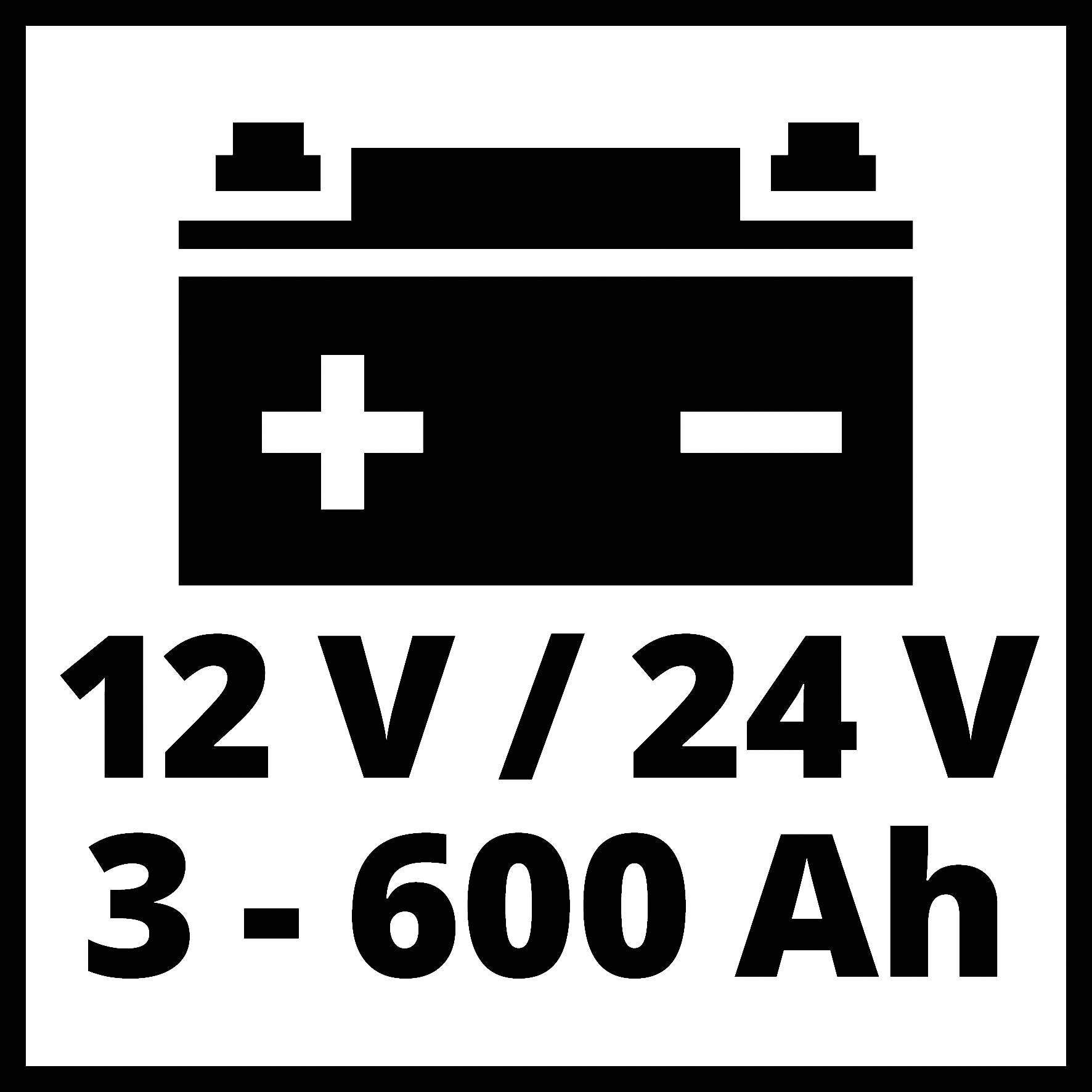 'Simbol baterije s plus i minus znakovima, ispod teksta: 12 V / 24 V, 3 - 600 Ah.'