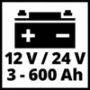 'Simbol baterije s plus i minus znakovima, ispod teksta: 12 V / 24 V, 3 - 600 Ah.'