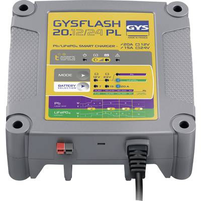 Punjač 'GYSFLASH 20.12/24 PL' tvrtke GYS za Pb/LiFePO4 baterije, prikazuje načine rada i opcije punjenja za 12V i 24V baterije.