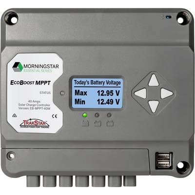 Sivi solarni regulator punjenja s zaslonom. Prikazuje 'Napon baterije danas: Maks 12,95 V, Min 12,49 V'. Logotipi marke gore lijevo i dolje desno.