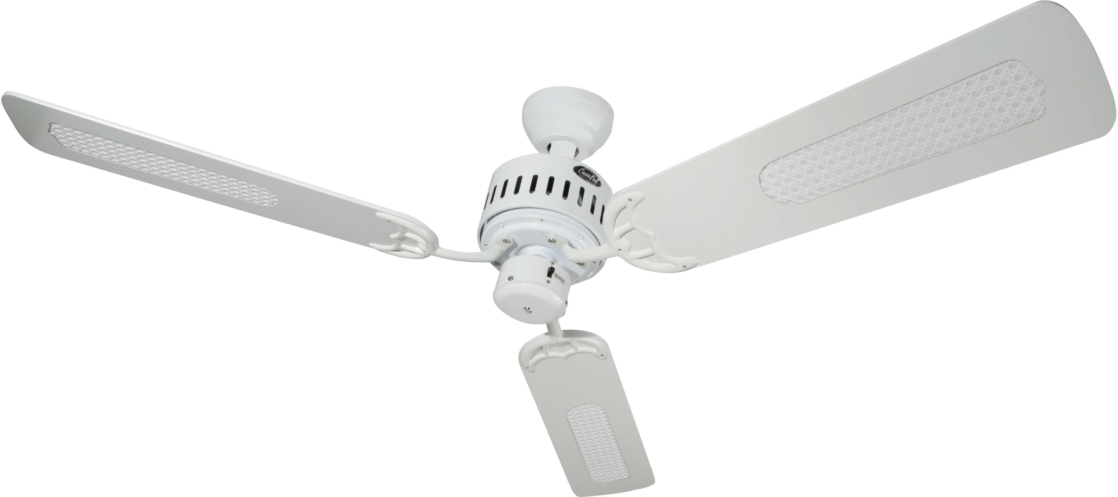 Bijeli stropni ventilator s tri ravna krila i centralnim kućištem motora. Pogodan za prozračivanje prostorije.
