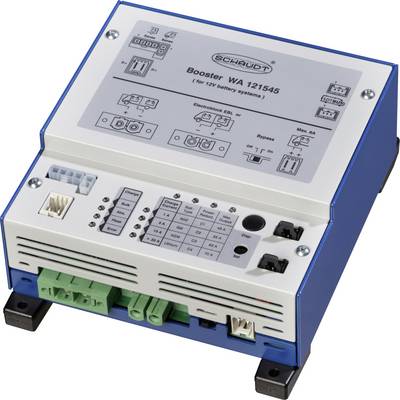 Elektronički uređaj u plavoj i bijeloj boji s nekoliko priključaka i prekidača, na kojem piše 'Booster WA 121545', namijenjen 12V baterijskim sustavima.