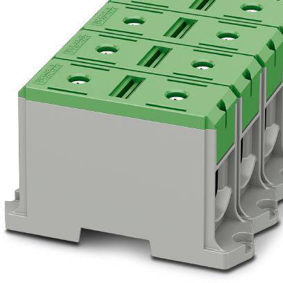 Zeleni priključni blok s osam mjesta za priključivanje na sivom kućištu, pogodan za industrijske električne spojeve.