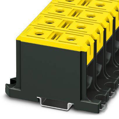Žuti modul s crnim utorima na crnoj bazi, tipičan elektronički element za spajanje, pogled sa strane.