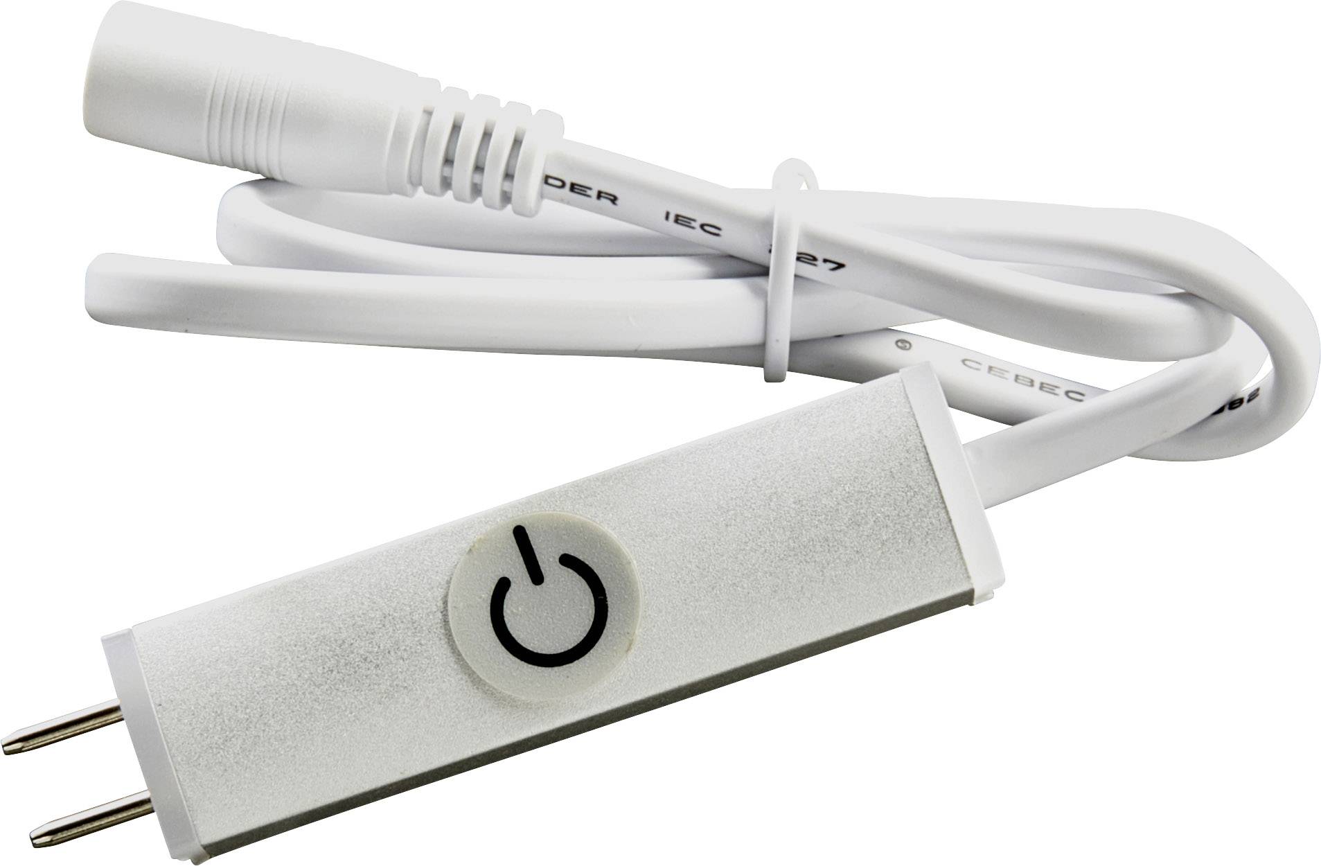 Bijeli mrežni kabel s pravokutnim, sivim adapterom. Adapter ima crni simbol uključivanja/isključivanja.