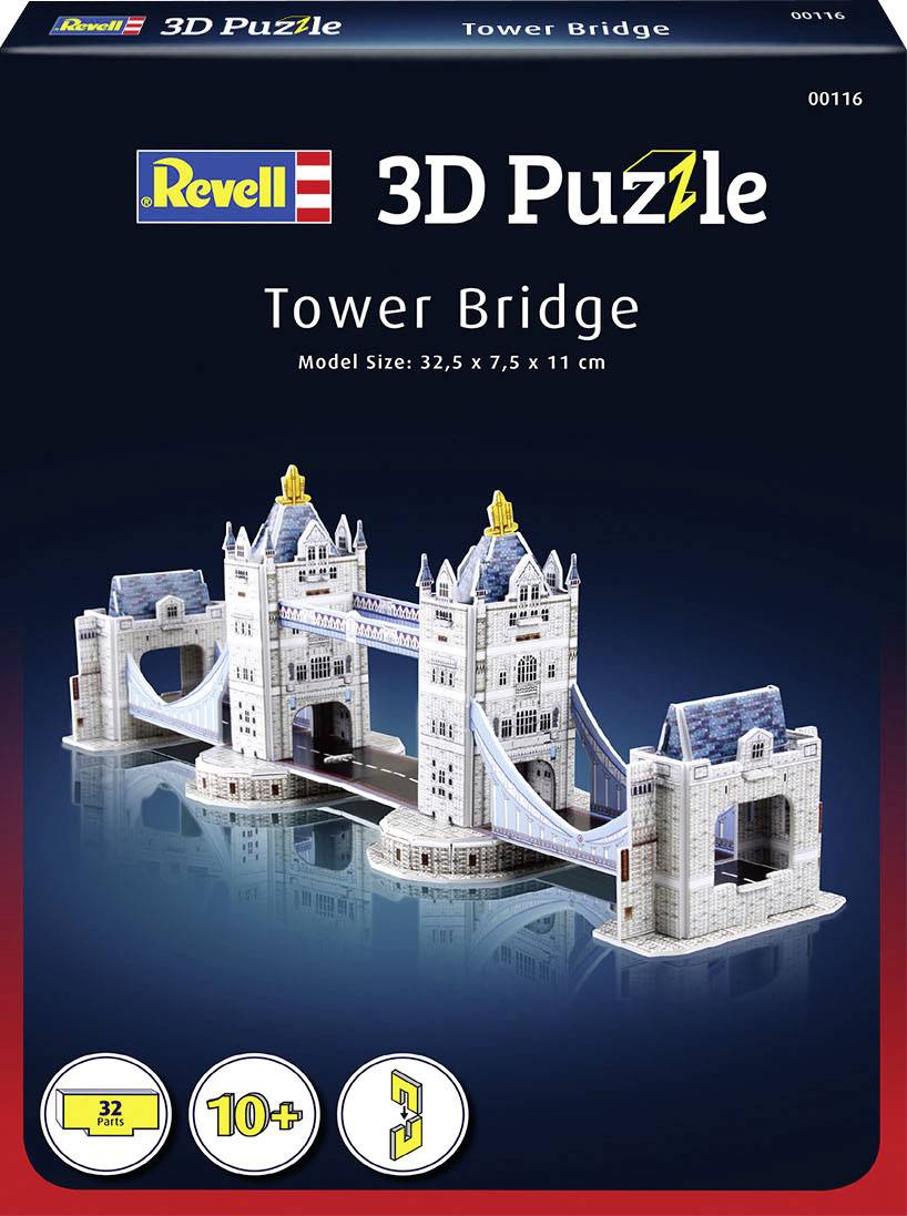Kutija 'Revell 3D Puzzle' prikazuje model Tower Bridgea, pogodan za djecu od 10 godina, 32 dijela, veličina modela: 32,5 x 7,5 x 11 cm.