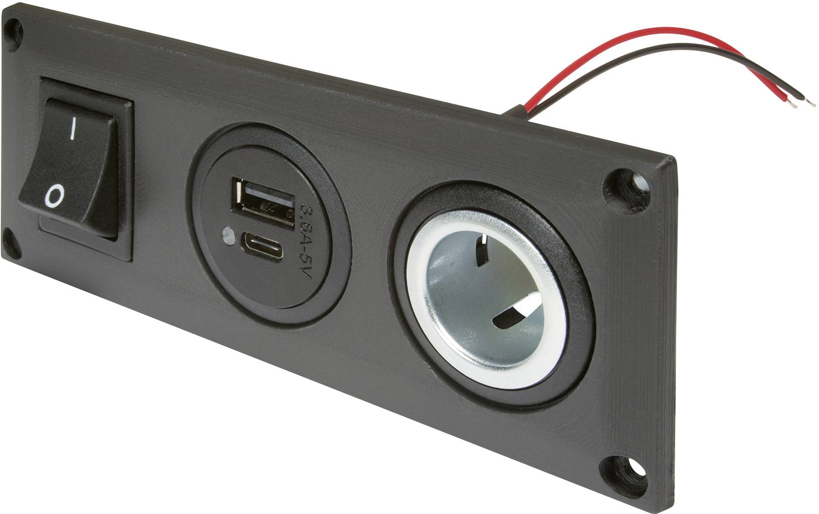 Crna upravljačka ploča s preklopnim prekidačem, dva USB priključka i okruglom utičnicom, podesiva za ugradnju uređaja.