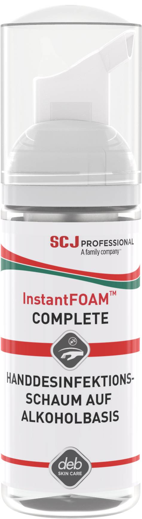 Bočica InstantFOAM Complete dezinfekcijskog pjenjivog sredstva za ruke, bez alkohola, tvrtke deb Stoko s prozirnim poklopcem.