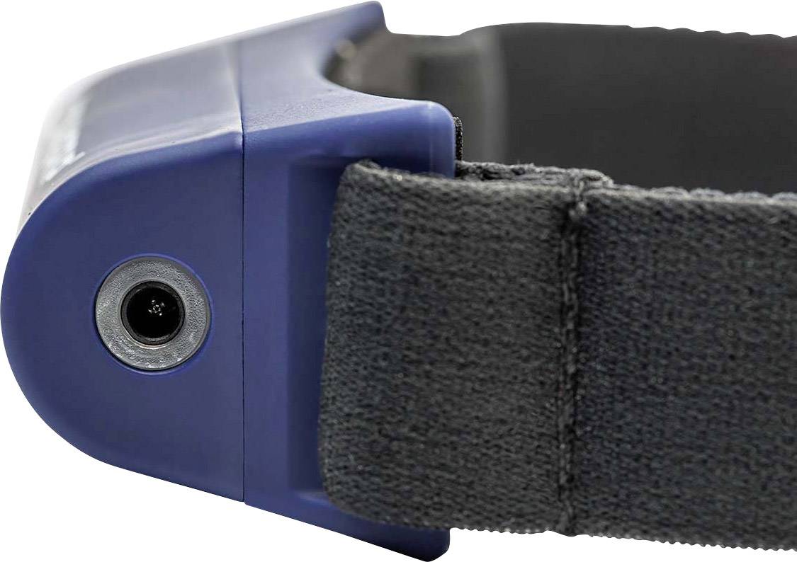 Unos: Fotografija plavog elektroničkog uređaja s crnom trakom. Uređaj ima okrugli gumb ili priključak.