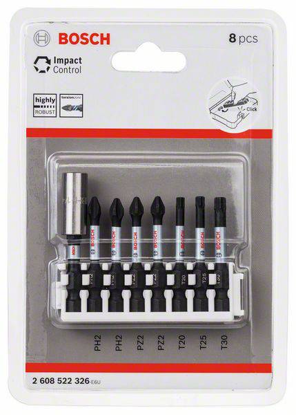 Set od 8 Bosch Impact Control vijčanih nastavaka, pakiran u blister ambalaži, pogodan za robustne primjene.