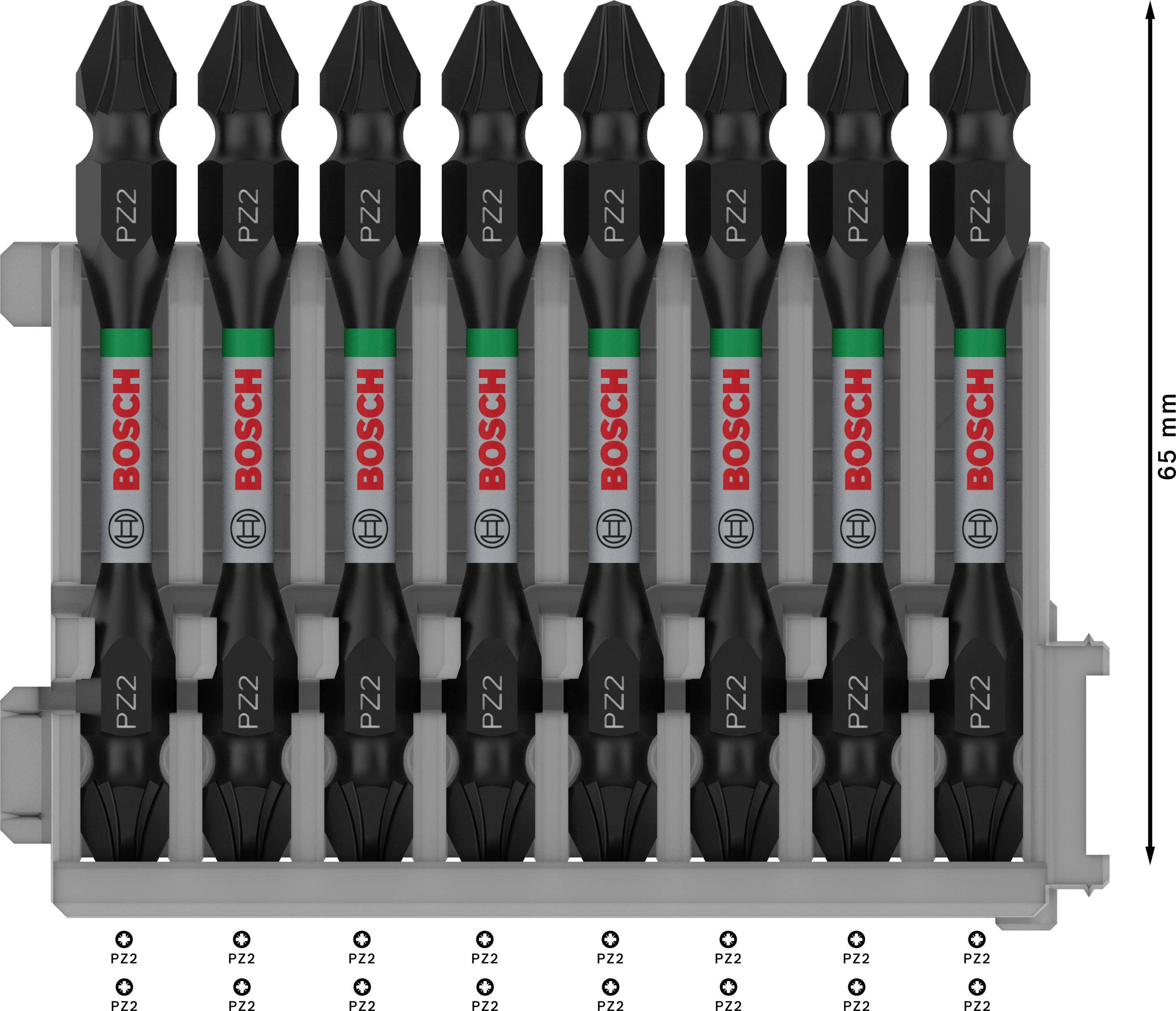 Bosch set bitova za odvijač s 10 PZ2 bitova, magnetski. Predstavljen na sivom držaču, svaki bit je označen s "Bosch" i "PZ2".