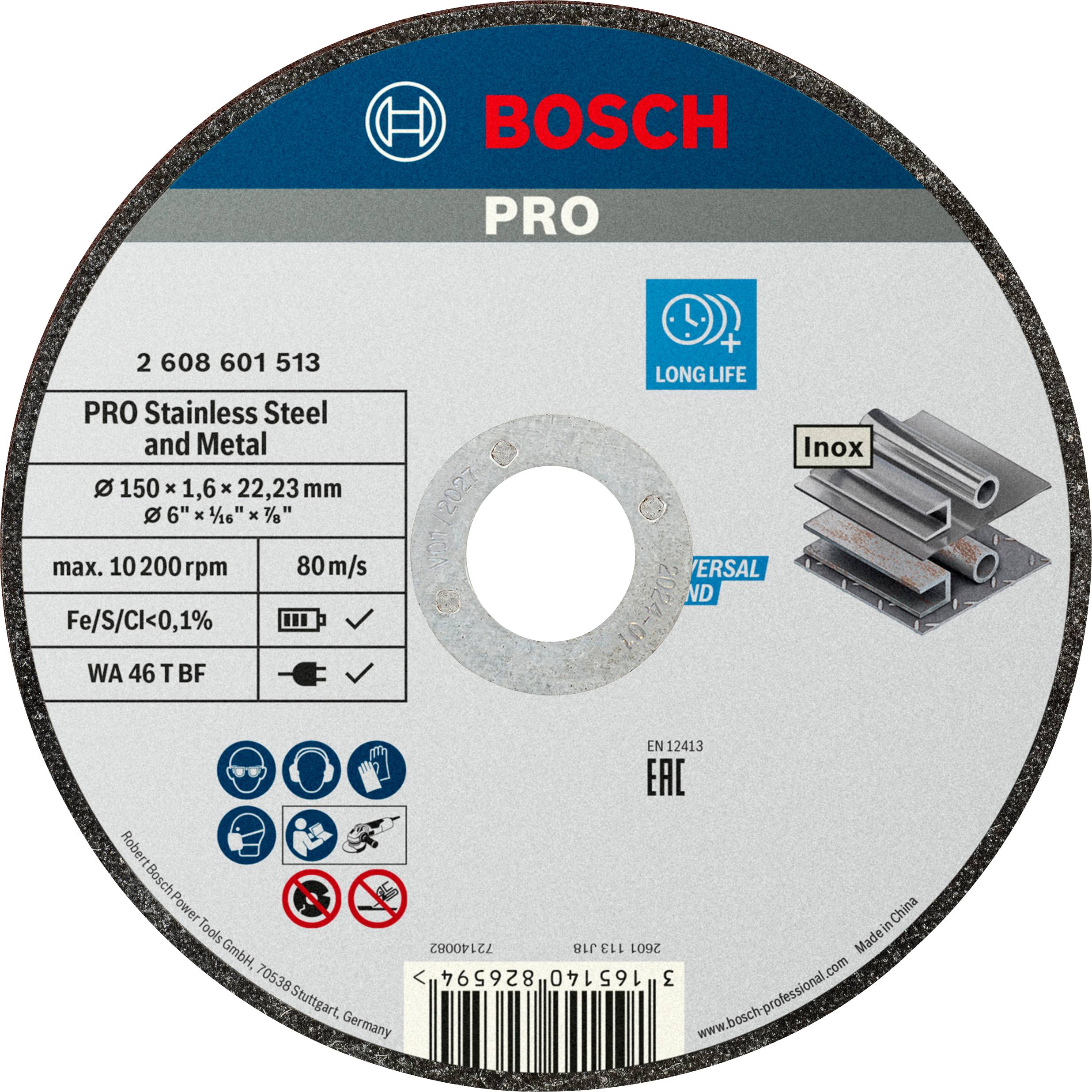 'Bosch PRO rezna ploča za nehrđajući čelik i metal, maks. 10.200 o/min, Ø 150 x 1,6 x 22,23 mm. Pogodan za Inox, nizak sadržaj željeza/sumpora.'