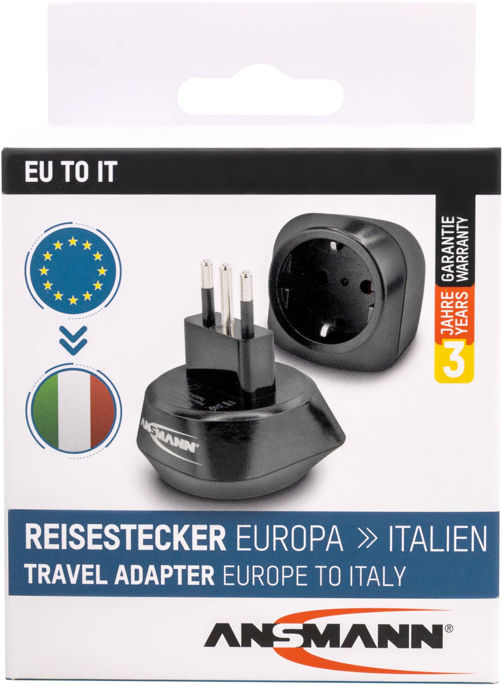 Putni adapter za Europu u Italiju, prikaz adaptera, EU i talijanske zastave, natpis '3 godine jamstva'.