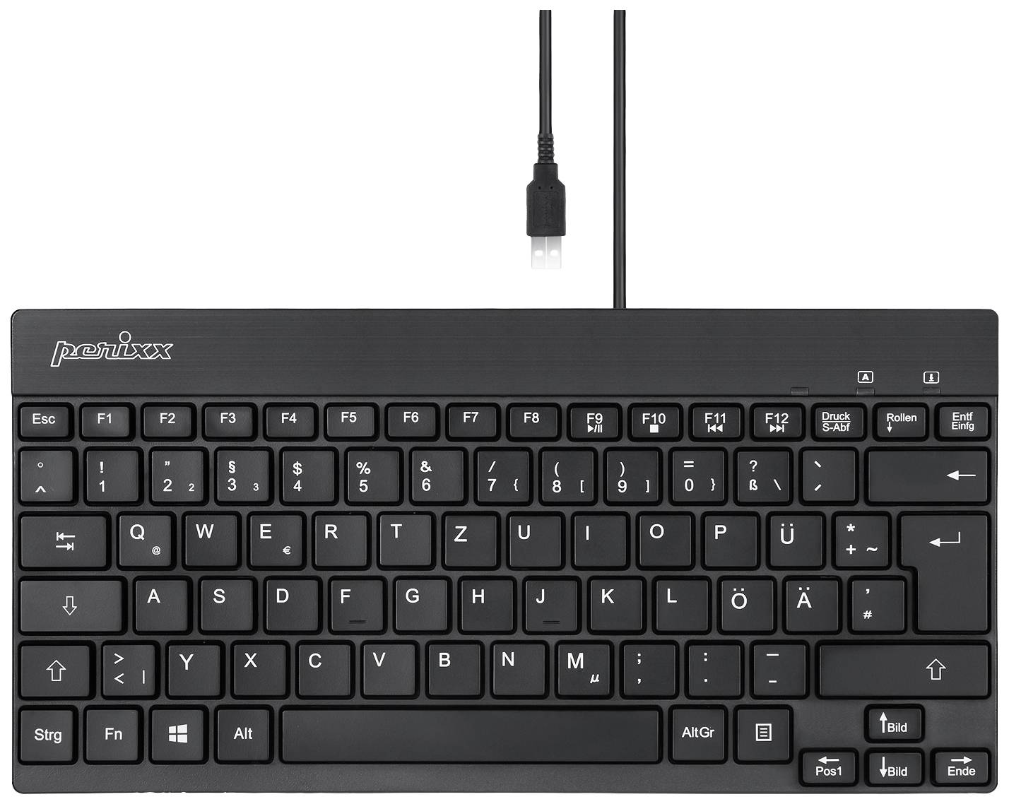Njemačka QWERTZ tipkovnica crnog dizajna s USB kabelskim priključkom, kompaktna i prenosiva, pogodna za upotrebu na računalu.