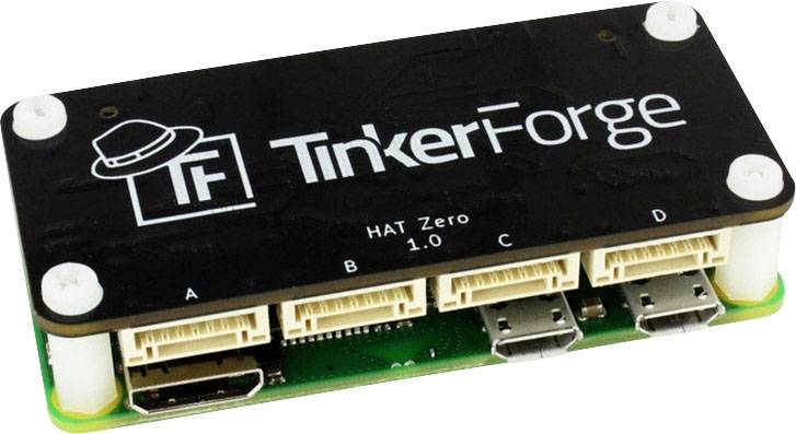 Mali elektronički modul s oznakom 'TinkerForge HAT Zero 1.0', četiri priključka sprijeda.