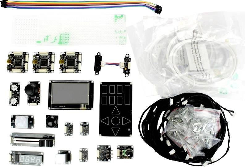Elektronički komplet za majstorenje s raznim modulima i senzorima, uključujući zaslon, džojstik, kabele i otpornike. Idealan za DIY projekte.