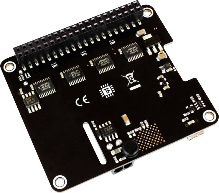 Crna hardverska ploča s nekoliko malih elektroničkih komponenata i priključaka, CE oznakom i simbolom za reciklažu.