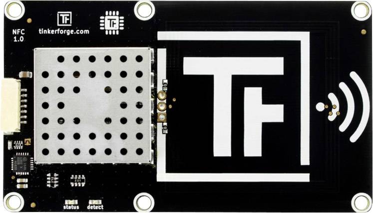 NFC 1.0 pločica od Tinkerforge-a s velikim 'TF' logotipom desno i metalnom mrežicom lijevo.
