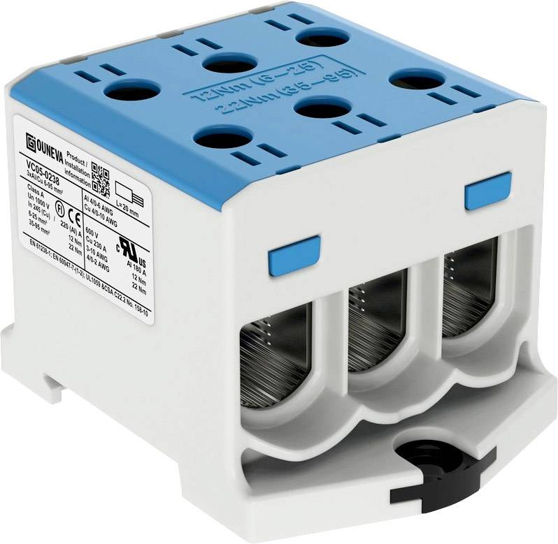 Trofazni električni adapter sabirnice u plavom i bijelom kućištu s tehničkim specifikacijama na bočnoj strani.