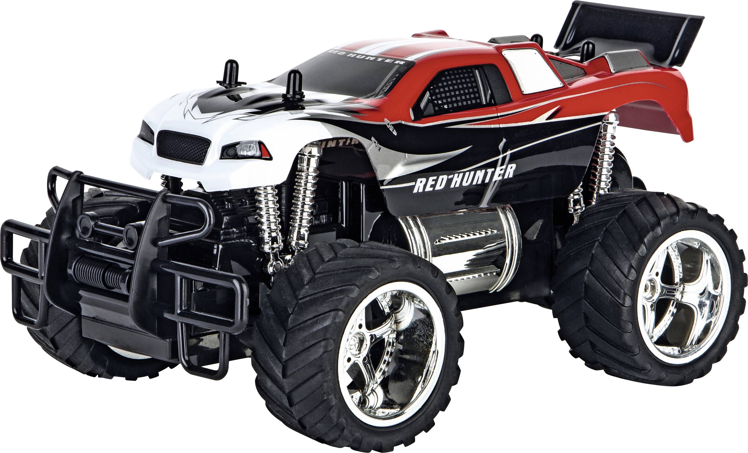 Daljinski upravljani monster truck igračka automobil s velikim gumama u crvenom, crnom i bijelom dizajnu, obilježen natpisom 'Red Hunter'.