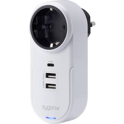 Mrežni adapter s dva USB priključka, EU utikač. Marka 'sygonix'. Bijelo kućište s plavim indikatorom osvjetljenja.