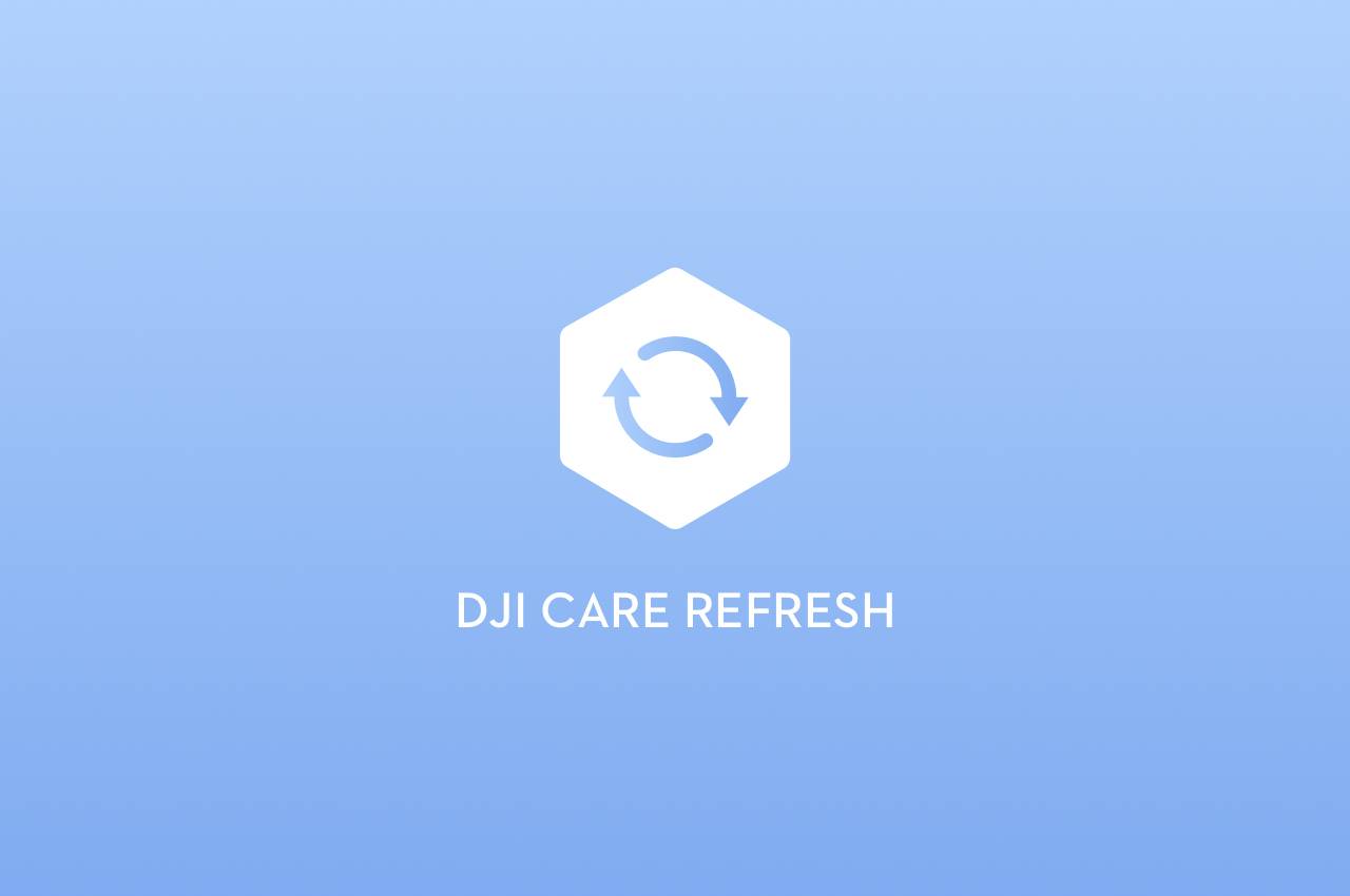 Bijela šesterokutna ikona s rotirajućom strelom, ispod nje tekst 'DJI CARE REFRESH' na plavoj pozadini.