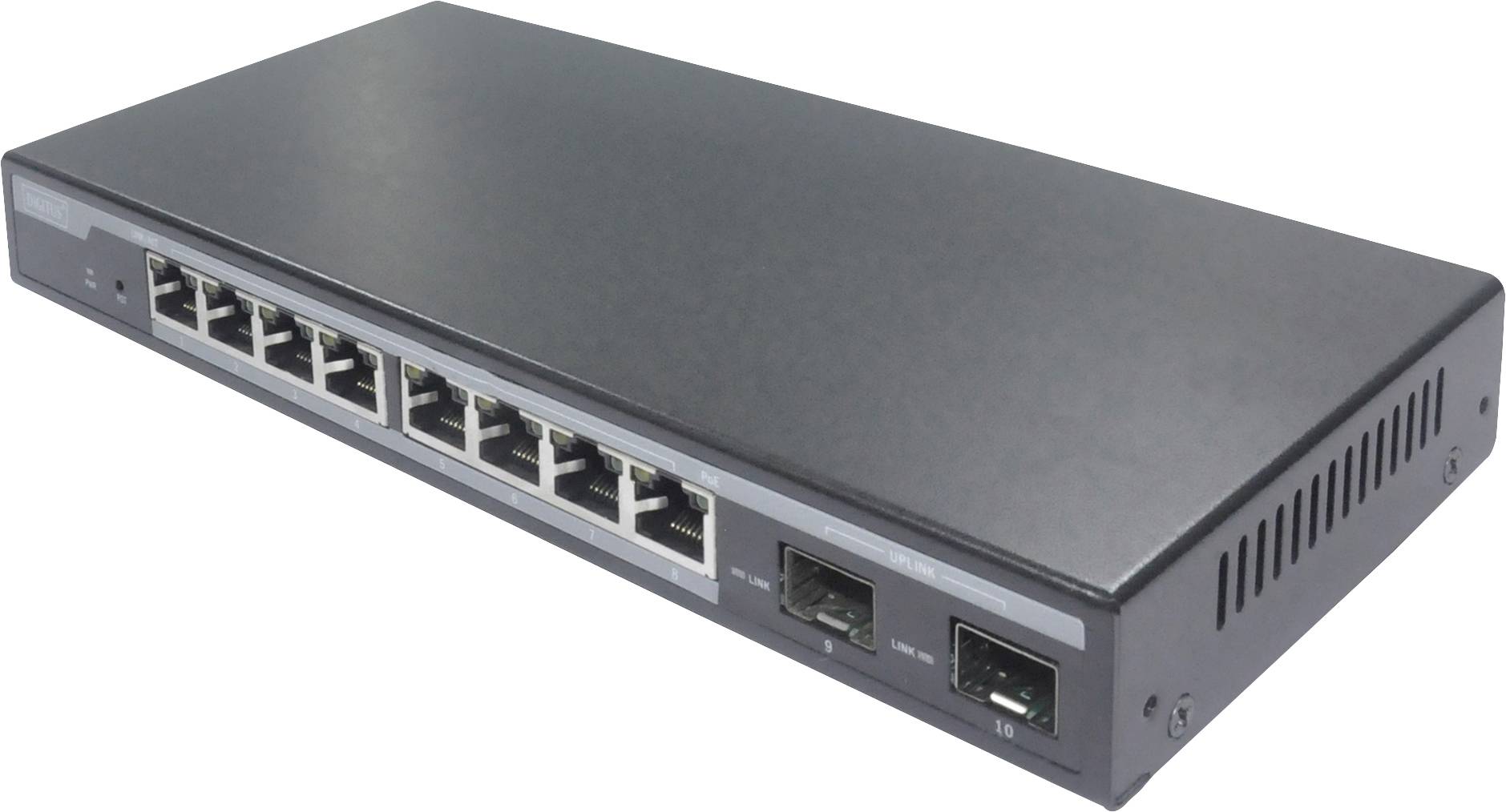 Mrežni preklopnik s osam Ethernet priključaka i dva optička priključka, pogodan za povezivanje i upravljanje više uređaja.
