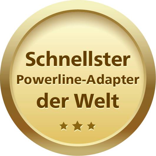 Zlatni amblem s natpisom 'Najbrži powerline adapter na svijetu', ispod kojeg su tri zvijezde.