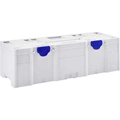 Bijela plastična kutija za pohranu s plavim poklopcem, prikladna za organiziranu pohranu alata ili materijala.