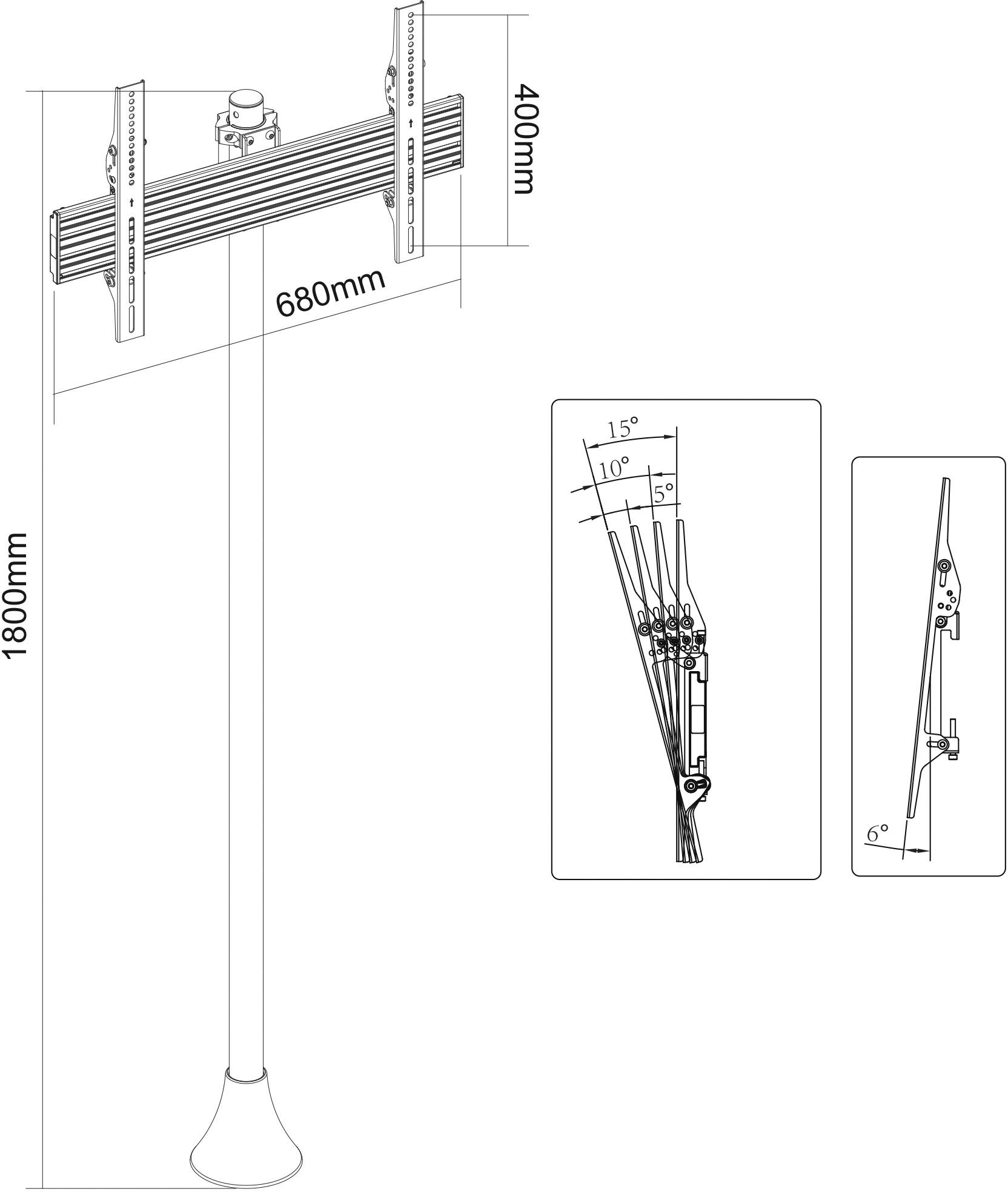 Tehnički nacrt nosača s dimenzijama: ukupna širina 680 mm, visina 400 mm, ukupna visina sa šipkom 1800 mm. Kut nagiba 10-15 stupnjeva.
