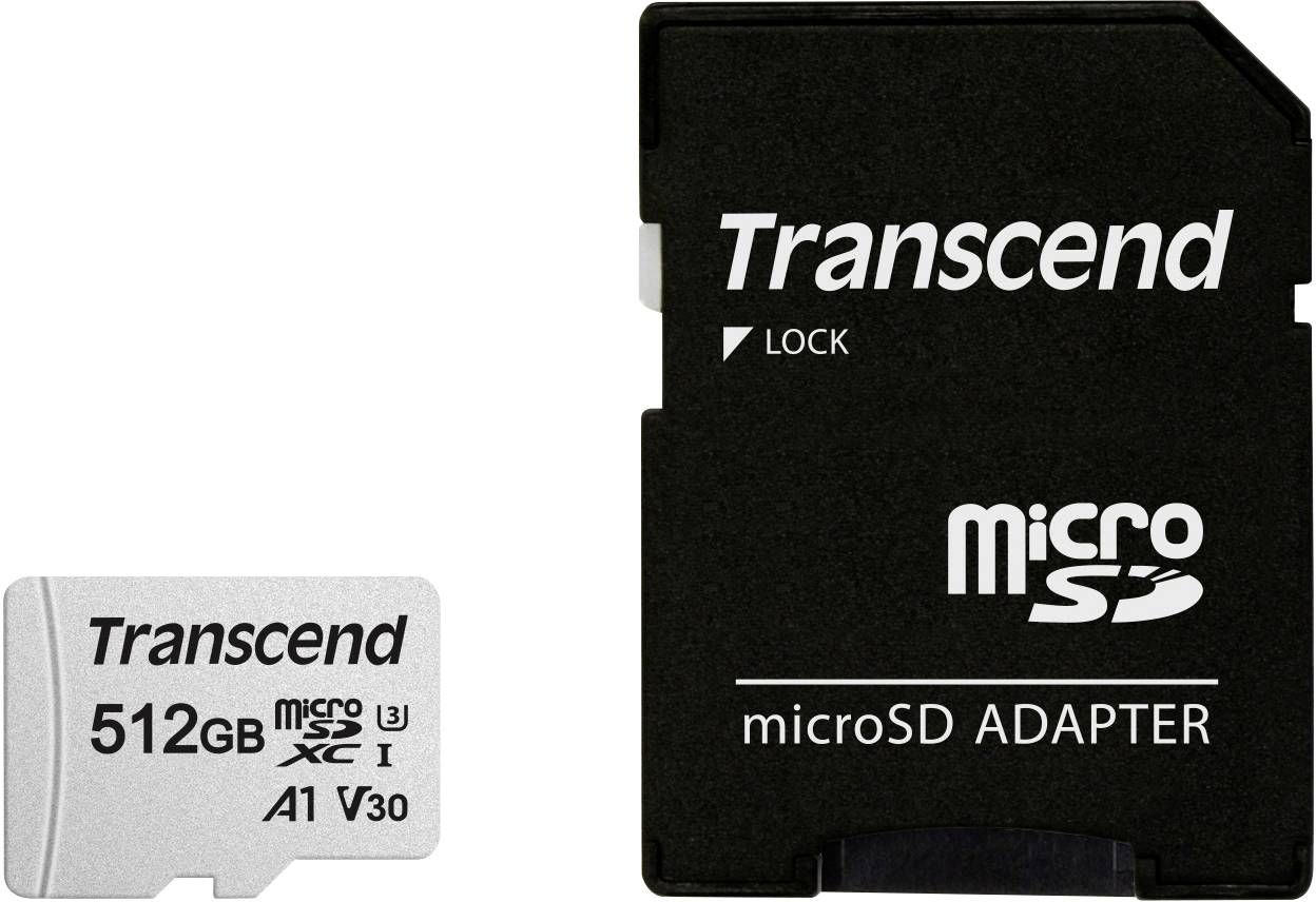 Transcend microSD kartica od 512 GB i odgovarajući adapter, oba s robnom markom 'Transcend'.
