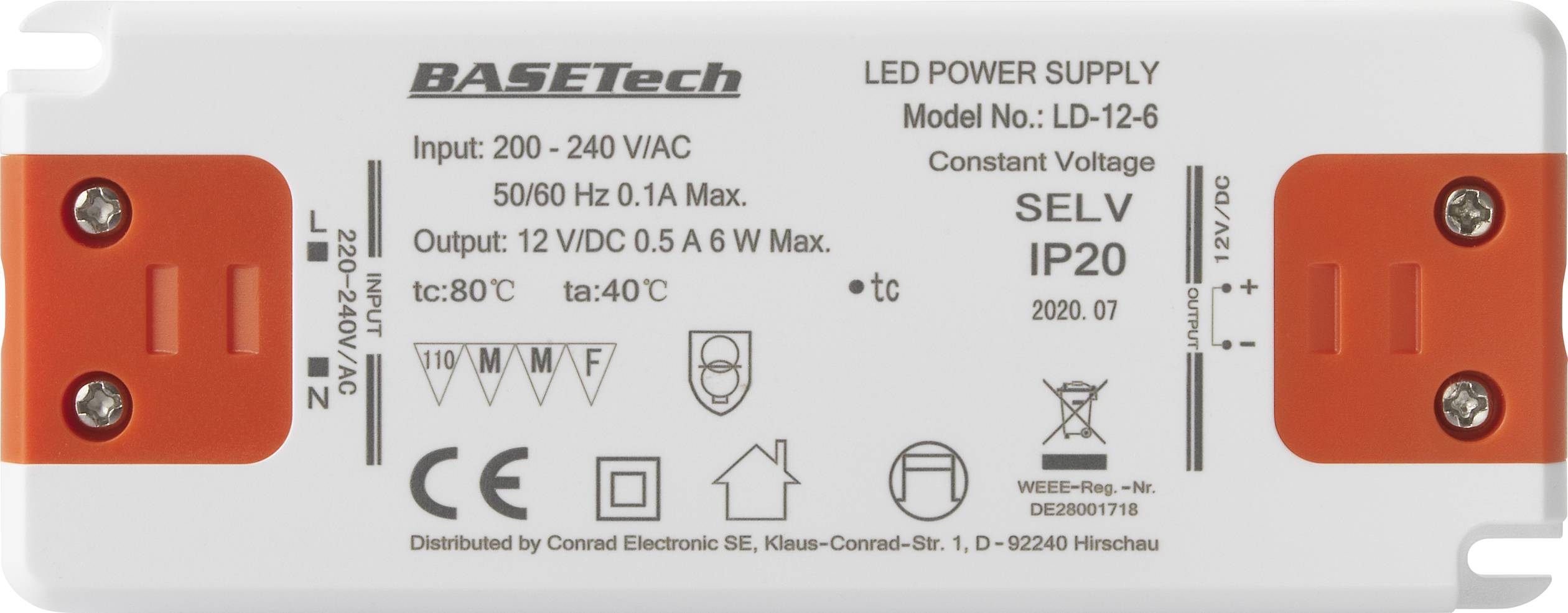 'BASETch LED napajanje Model LD-12-6', Ulaz: 200-240 V, Izlaz: 12 V, Razred zaštite: SELV IP20, proizveden od strane 'LED-proizvođača'.