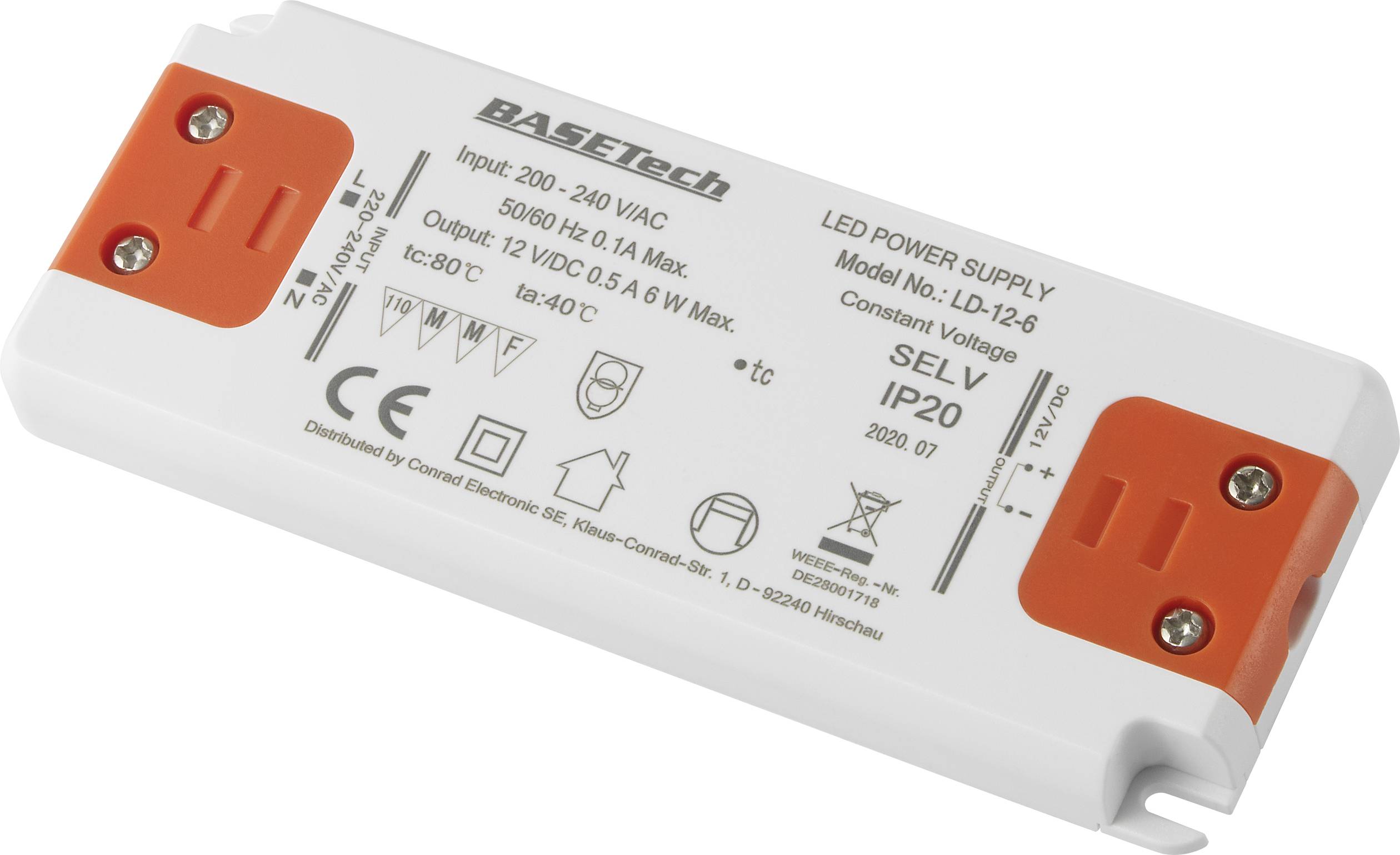 LED napajanje, model LD-12-6 od BASETech-a, ulaz 200-240 V AC, izlaz 12 V DC, 0,5 A, IP20, konstantno.