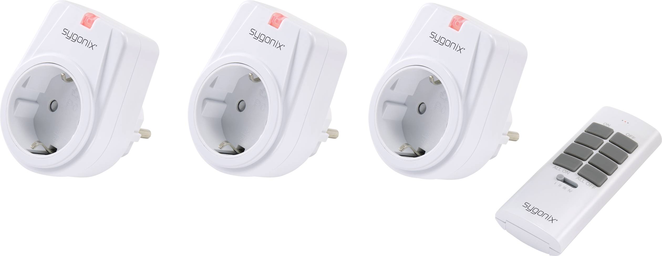 Tri bijele utičnice za bežično upravljanje i jedan daljinski upravljač tvrtke 'supantrix' za beskablovno upravljanje električnim uređajima.