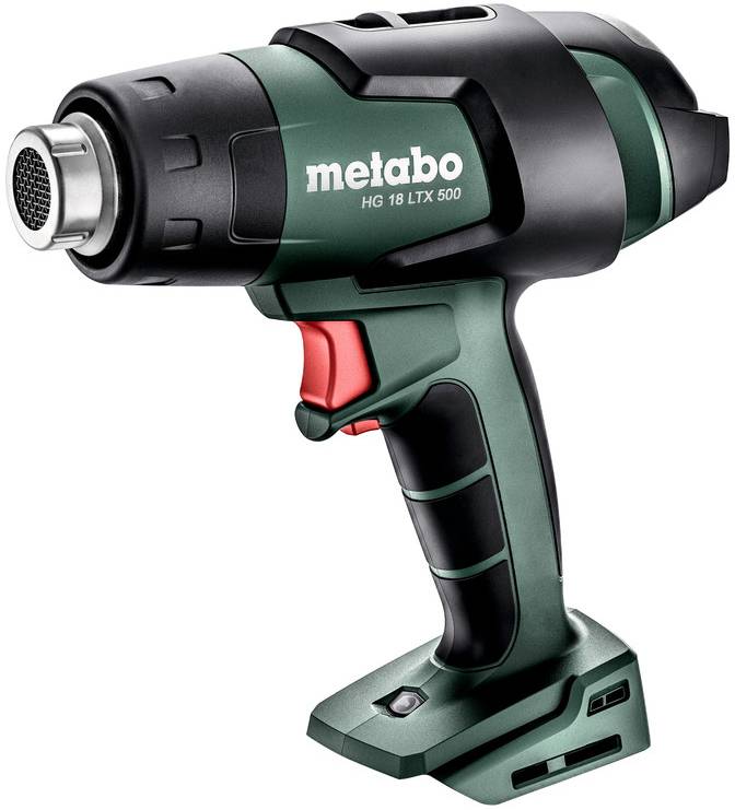 Zeleni i crni Metabo HG 18 LTX 500 bežični pištolj za toplu zrak s crvenim okidačem, prikazan na bijeloj pozadini.