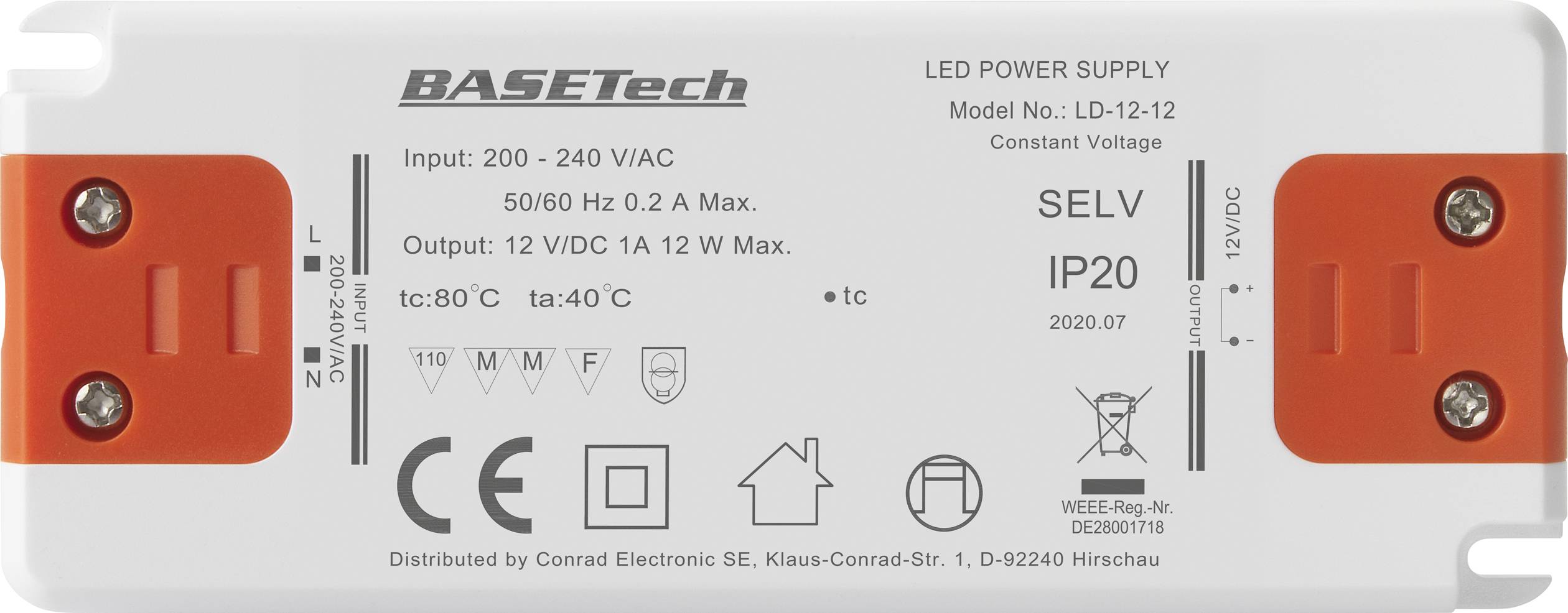 Pravokutni LED napajač tvrtke BASETech s modelnim brojem LD-12-12. Ulazi su mu 200–240 V AC, a izlazi 12 V DC, 1 A, 12 W.