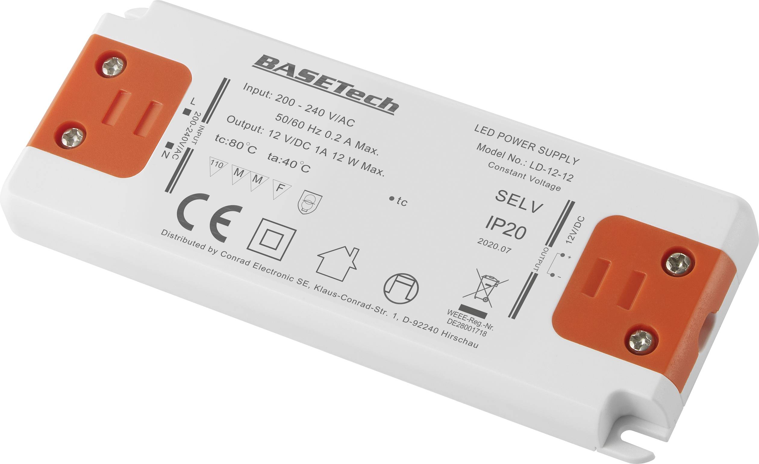 LED napajanje sa specifikacijama: Ulaz 200-240V AC, izlaz 12V DC, 1A. Tankog, pravokutnog dizajna, pogodan za LED primjene.