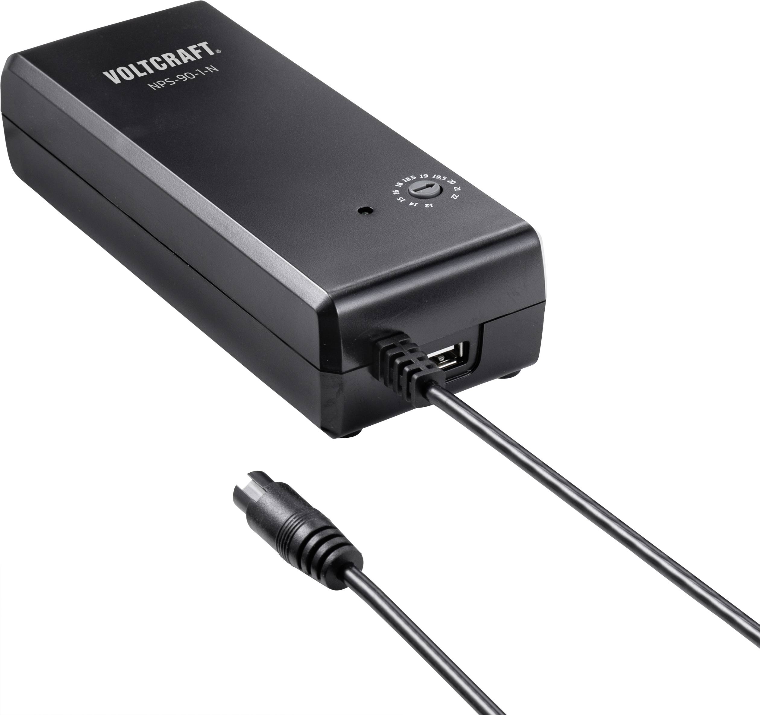 Kompaktni crni mrežni napajač 'Voltcraft NPS-90-3M' s priključenim kabelom i USB priključkom, pogodan za elektroničke uređaje.