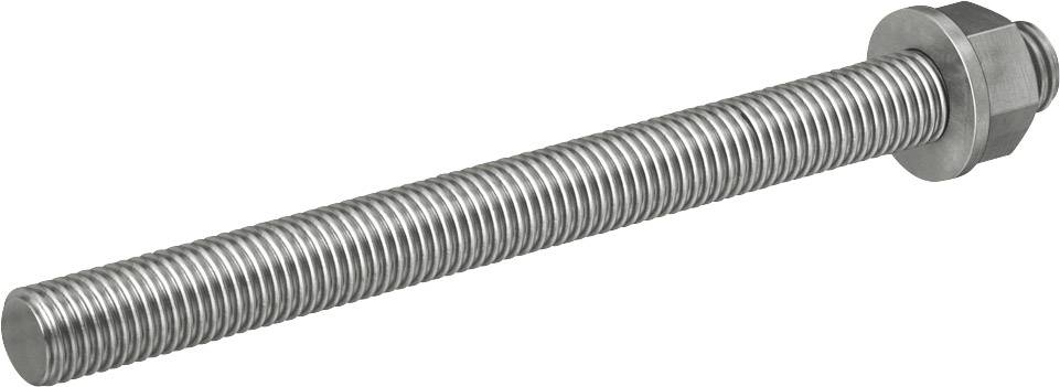 Dugi, srebrni vijčani štap s šesterokutnom maticom pričvršćenom na njemu, na bijeloj pozadini.