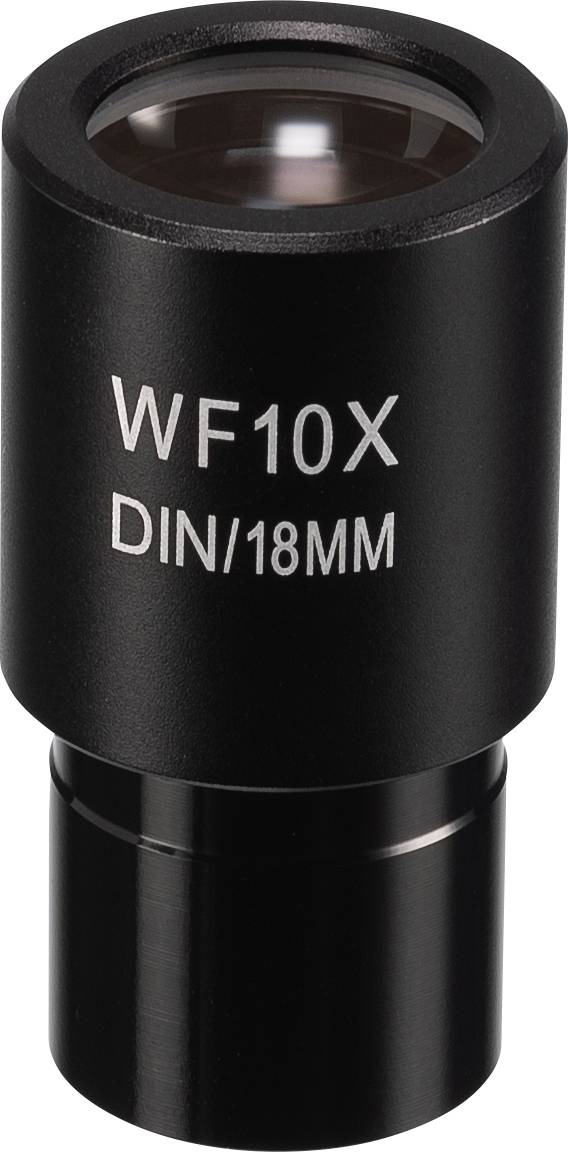 Crno objektno staklo s natpisom 'WF10X DIN/18MM', koje se koristi za mikroskope.