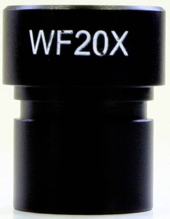 Mikroskopski okular s natpisom 'WF20X', crnog kućišta, služi za povećanje u mikroskopima.