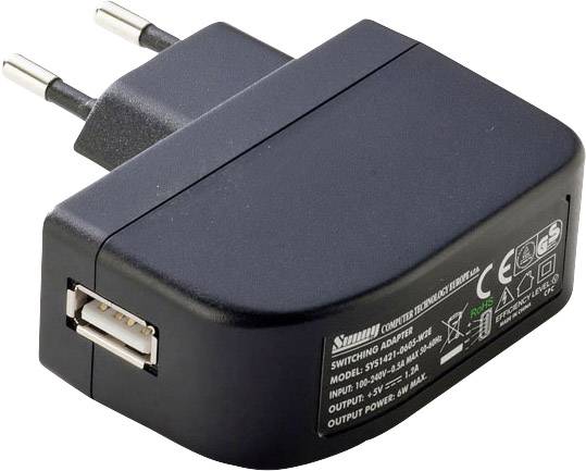 Crni mrežni punjač s EU utikačem i USB priključkom, pogodan za izmjeničnu struju 100-240V, izlazne specifikacije 5V-2A.
