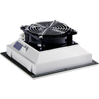 Uređaj za ventilaciju s ventilatorom na kvadratnoj postolji. Ventilator je osiguran crnom zaštitnom mrežicom.