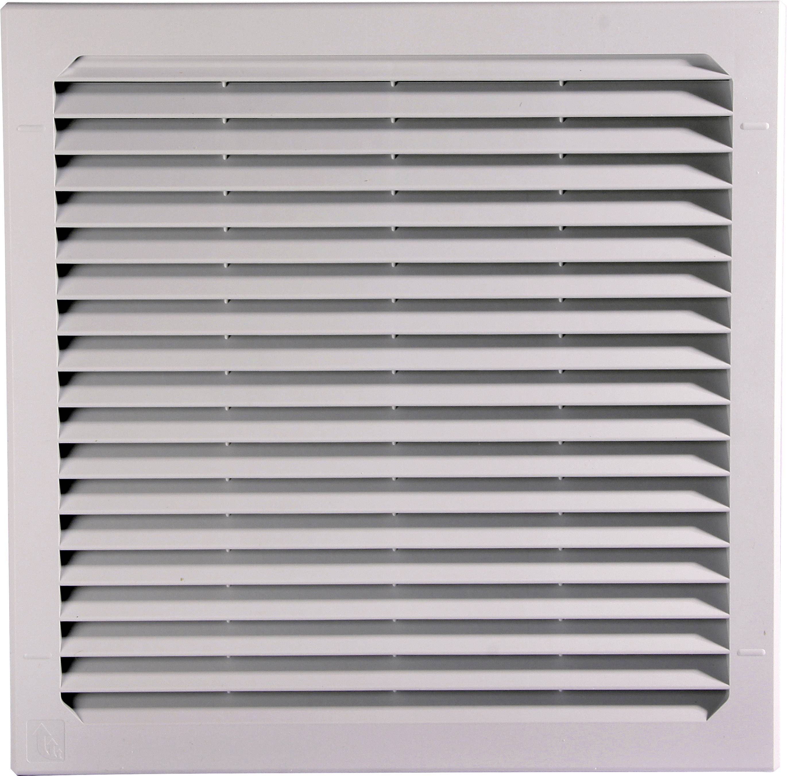 Siva ventilacijska rešetka s horizontalnim lamelama koja se koristi za prozračivanje prostora.
