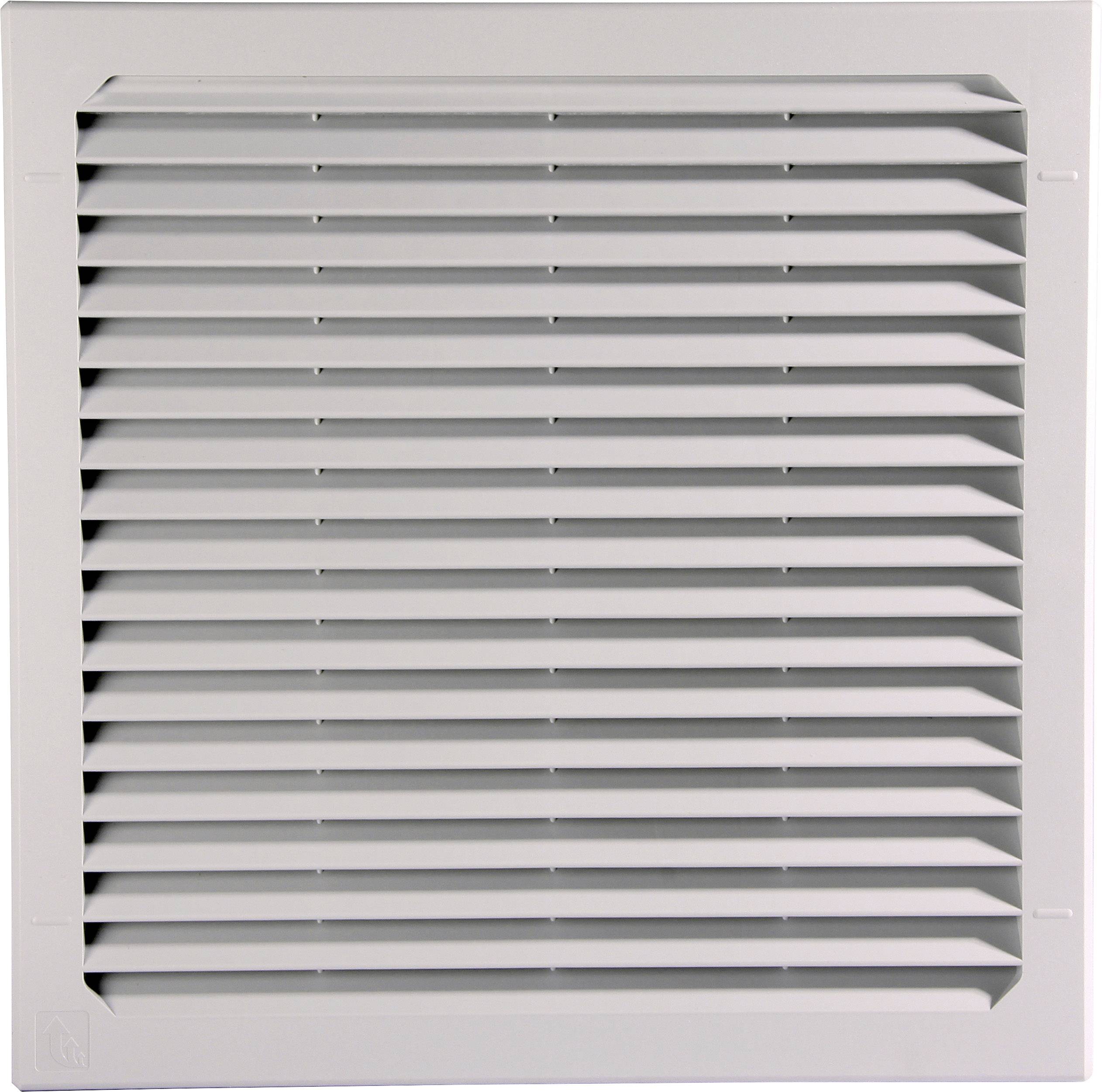 Kvadratna ventilacijska rešetka s horizontalnim lamelama od bijelog plastičnog materijala za prozračivanje ili pokrivanje ventilacijskih otvora.